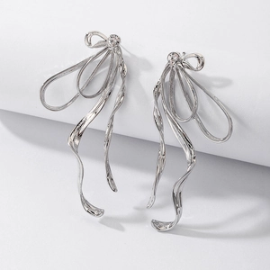 Alloy Rhinestone Bowknot Ribbon Drop Earrings With 925 Sterling Silver Earring Post Long Fluid Metal Style Jewelry