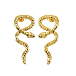 Detailed view of golden snake stud earrings showing fine scale texture and metal backings
