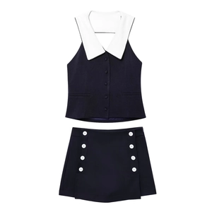 Gilet Senza Maniche Da Donna E Gonna Con Bottoni Bordo A Contrasto Risvolto Vita Alta Stile Streetwear Preppy