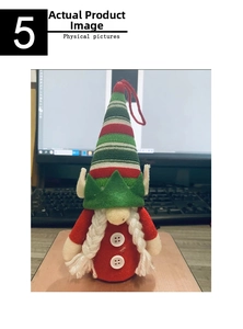 Detail of a Christmas gnome plush with red-green striped hat and white braided pigtails