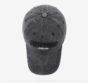 Detailed top view of vintage washed cotton baseball cap with New York 3D embroidery