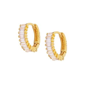 Detailed close-up of S925 sterling silver huggie earrings with 925 hallmark and cubic zirconia