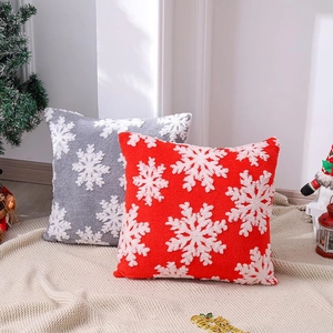 Housses De Coussin De Noël Motif Flocon De Neige Peluche Tuftée Décoration D'Hiver Festive Canapé Lit Rouge Gris