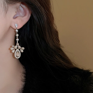 Detailed view of silver drop tassel earrings with sparkling cubic zirconia on model