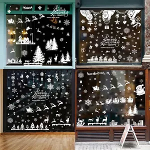 Christmas Window Stickers Static Cling Reusable PVC Santa Claus Reindeer Snowflake Holiday Glass Decals White Shop Window