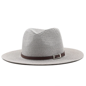Cappello da sole in paglia grigio-bianco con fascia in pelle e fibbia argento
