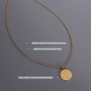 18K gold plated stainless steel necklace with hollow round Fu character pendant