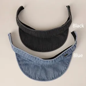 Foldable denim sun visor hats in black and light blue with metallic logo detailing