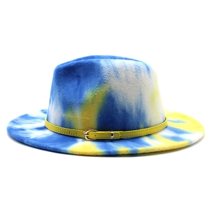 British style fedora hat in blue and yellow tie-dye wool felt with a buckled leather band