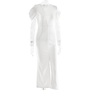 Detail of elegant V-neck lace patchwork and slim fit split hem on white dress