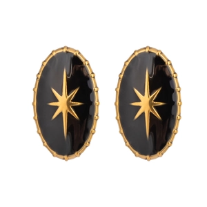 Detailed view of oval black enamel starburst earrings with vintage gold textured frames