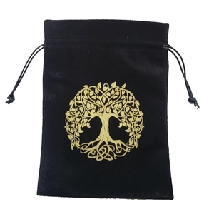 Detail of black velvet tarot pouch featuring a golden Tree of Life print and drawstring
