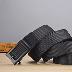 Detail shot of heavy-duty black nylon tactical belt with matte automatic buckle closure