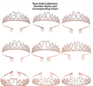 Detail of rose gold birthday crowns with rhinestones showing ages 10 to 70