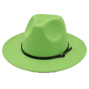 Detail of fruit green wool felt hat with black leather belt and gold buckle accent