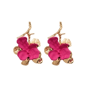 Elegant fuchsia orchid flower drop earrings with golden stem in a minimalist design