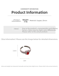 Detail view of oval red zircon open ring with side measurements and 2.5g weight info
