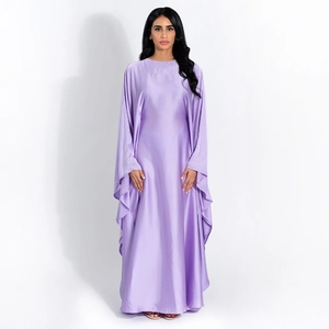 Front view of purple satin kaftan dress with batwing sleeves and glossy silk texture
