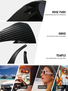 Detail shots of non-slip nose pads, hinges, and Y2K oversized sunglasses for various scenes