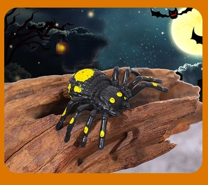 Detailed view of a black Halloween spider figurine with yellow dots on a branch