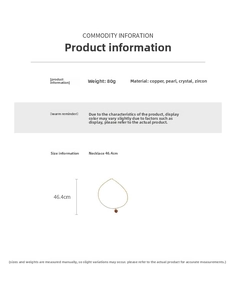 Detail showing crystal pearl and zircon pendant necklace dimensions and materials