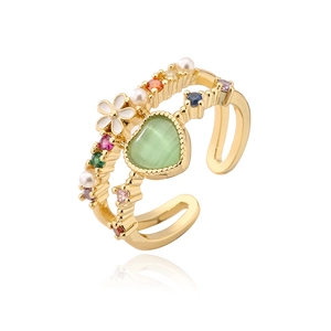 French style double-layer gold-plated open ring with heart gemstone and colorful zircons