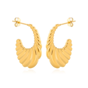 Minimalist gold croissant hoop earrings with a textured ripple design for women