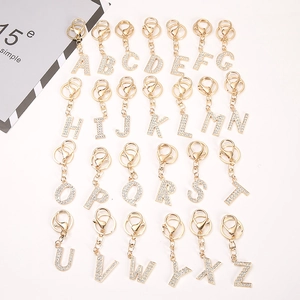 Alphabet Letter Keychain A-Z Initials Shiny Rhinestone Zinc Alloy Gold Plated Bag Charm Fashion Gift Accessory