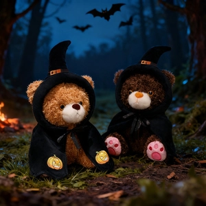 Halloween teddy bears set wearing black wizard hats and pumpkin capes in a spooky forest