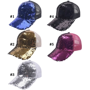 Five assorted sequin baseball caps in blue, gold, silver, black, and hot pink colors