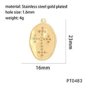 Gold stainless steel oval cross pendant 23x16mm with beaded edge and 1.6mm hole