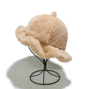 Winter Plush Faux Fur Bucket Hat Warm Windproof Pom Pom Wavy Brim Solid Color Basin Hat For Women Chic Elegant