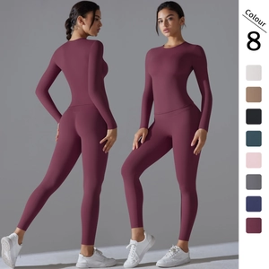 Top Et Bottom de Yoga pour Femmes en Nylon Spandex Gratté Taille Haute Relève-Fesses Serré Fitness Course Sportive Ensemble Manches Longues