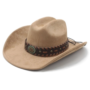 Klassischer Western-Cowboyhut aus kamelfarbenem Wildlederimitat mit verzierter Lederband
