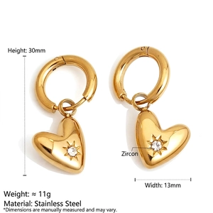 Elegant gold stainless steel heart drop earrings with white zircon, 30mm height