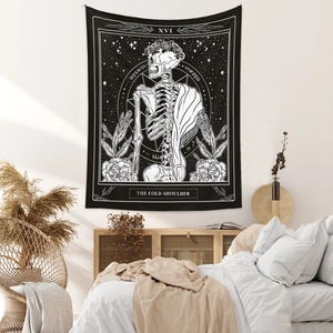 Detail of gothic skeleton tapestry with XVI Roman numeral and floral patterns on black fabric