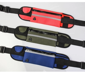 Close-up of waterproof running belts with headphone jack and safety reflective strips
