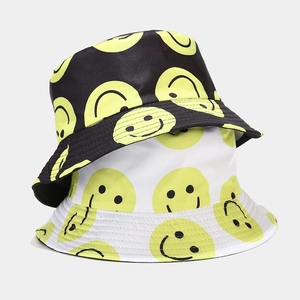 Reversible Bucket Hat Polyester Smile Face Print Sun Protection Outdoor Casual Streetwear Sun Hat For Women Men