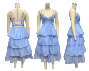 Detailed views of light blue tiered chiffon evening dress with back pleats and V-neckline