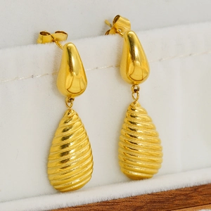 Chic 18K gold plated double layer teardrop earrings with textured spiral design