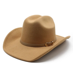 Classic camel wool felt western cowboy hat with a leather belt and gold buckle accent