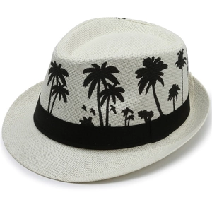 White woven fedora straw hat with black palm tree patterns and ribbon for summer beach