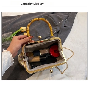 Interior view showing capacity for cosmetics and smartphone with bamboo handle