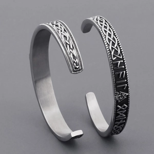 Vintage Thor's Hammer stainless steel cuff bracelets with Nordic runes and Celtic knots