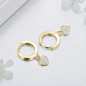 Elegant gold S925 sterling silver hoop earrings with sparkling heart-shaped charms
