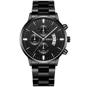 Detail of Geneva black stainless steel watch face with three sub-dials and date window