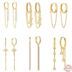 S925 Sterling Silver Tassel Chain Hoop Earrings For Women Gold Silver Plated Zirconia Dangle Earrings Minimalist Star Geometric Jewelry
