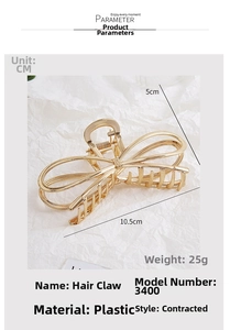 Detailed parameter diagram for 10.5cm metallic bow hair claw showing size and weight