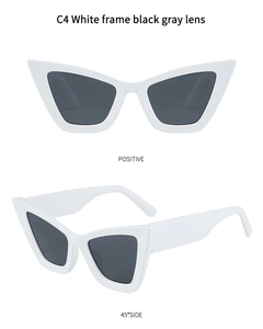 Detail view of white cat eye sunglasses with black gray lenses from front and side angles