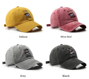 Detailed grid view of washed cotton baseball caps with Surf Wave embroidery in four colors